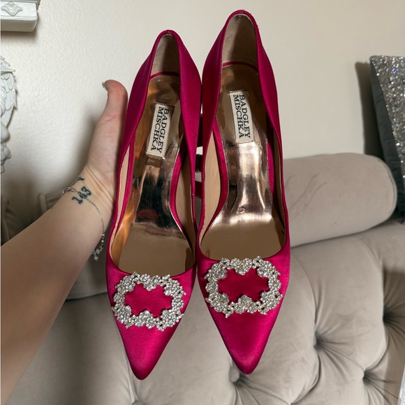 Pink Satin Heels with Crystal Embellishments - Picture 2 of 8